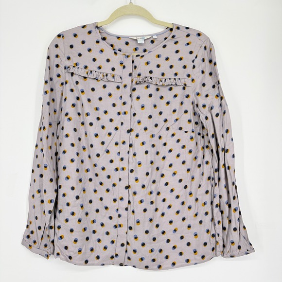 Boden Tops - Boden Sz 10  Gray Polka  Dot Ruffle Button Down‎ Blouse Long Sleeve Silk Blend
